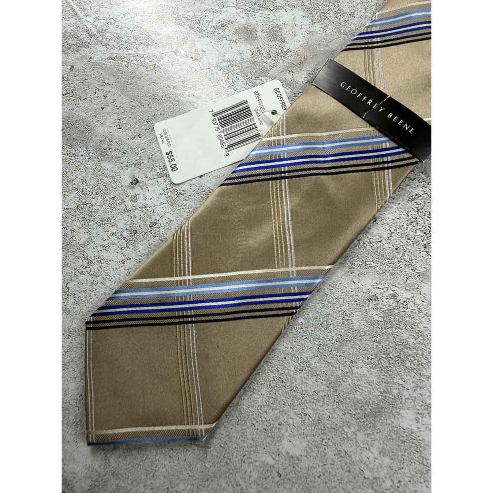 Geoffrey Beene Tie Mens One Size Beige Pointed Plaids & Checks 100% Silk